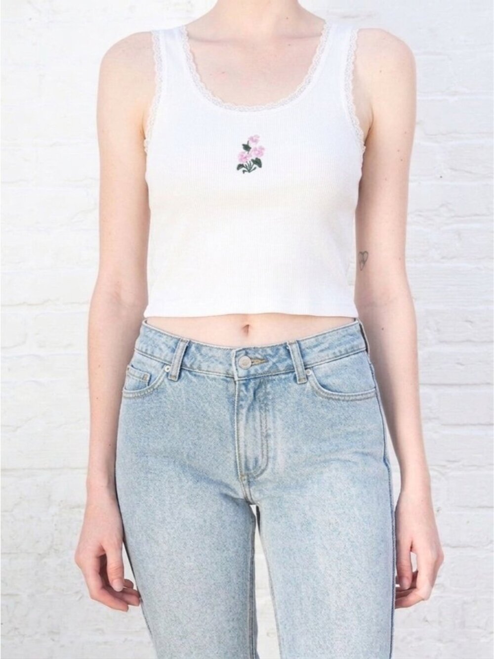 RARE Brandy Melville J. Galt Ronnie Lace floral Embroidered CropTank Top White